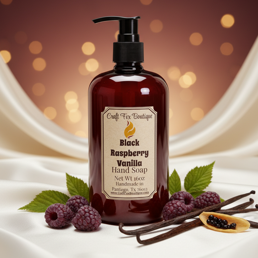 Bottle of Black Raspberry Vanilla Hand Soap with raspberries and vanilla beans on a draped fabric background